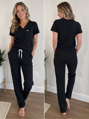 Black V-Neck Medical Scrub Set with Drawstring Pants